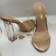 Nude Heel Clearish Straps Rectangular Heel 6.5 Worn Once 8.5 Never Worn Brand New Gold Heels With Clear Strap For Spring, Gold High Heels With Clear Strap, Gold Heels With Clear Strap For Evening, Clear Block Heels, Shoes Beige, Fashion Nova Shoes, Beige Heels, Nude Heels, 5 Inch Heels