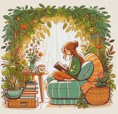 a woman sitting on a couch reading a book in front of a window filled with plants