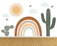 an empty room with cactus and rainbow wall decals