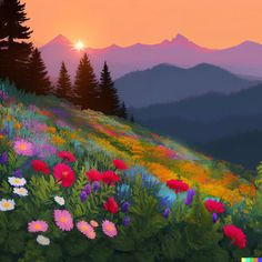 a painting of colorful flowers on a hillside