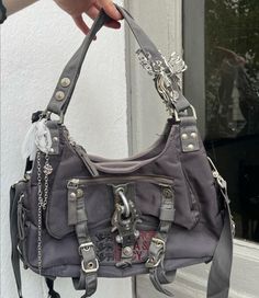 Y2k Style Satchel Bag With Large Capacity, Large Capacity Y2k Streetwear Bag, Large Capacity Y2k Shoulder Bag, Handbags Y2k, Grunge Purse Handbags, Grey Y2k, Bag With Charms, Grey Handbag