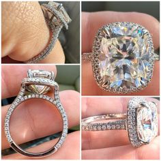 four different views of a diamond ring with diamonds on each side and in the middle