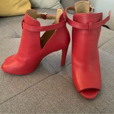 Red, Michael Kors High-Heeled Peep-Toe Booties. Size 7. Leather Upper, Rubber Sole. 3 Inch Heel. Red Open Toe Boots For Fall, Red Booties For Spring, Red Open Toe Heels For Fall, Fall Season Red Open Toe Heels, Spring Ankle Boot Heels With Red Sole, 3 Inch Heels, Michael Kors Shoes, Shoes Women Heels, Rubber Sole