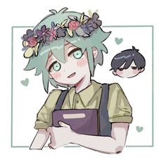 an anime character with green hair and flowers on her head, holding a book in his hand