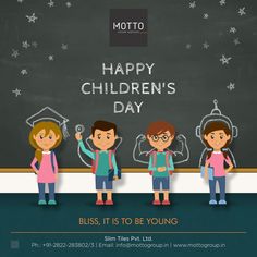 three children standing in front of a blackboard with the words happy children's day