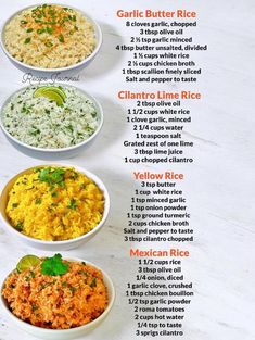 an image of different types of rice in bowls on a white table with text overlay