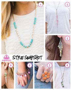 a collage of different styles of necklaces and rings with the words style snapshot