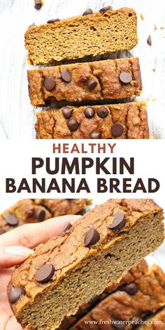 healthy pumpkin banana bread with chocolate chips is cut in half and stacked on top of each other