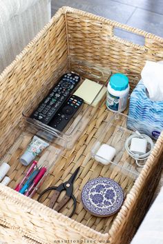 a wicker basket with various items in it