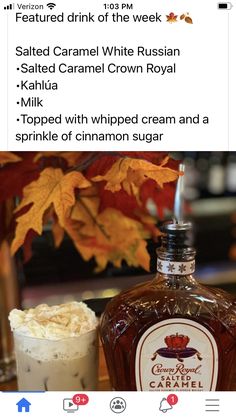 a bottle of ice cream next to a glass filled with whipped cream and a sprinkle of cinnamon sugar