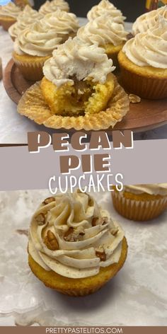 cupcakes with white frosting and pecan pie toppings on the top