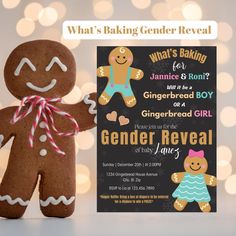 a gingerbread boy and girl gender reveal their baby's gender announcement with a card that says, what's baking gender reveal?