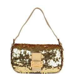 This vintage Fendi baguette bag is in gold fabric covered in different shaped sequin paillettes with small gold beading around the edge of the bag and features a front flap snap closure, and an adjustable gold leather shoulder strap.The interior is lined in orange/red satin fabric and has one zippered pocket on the rear wall with a gold zipper pull.Origin: ItalyCondition: Vintage; Excellent - This bag retains it shape. There's some light scratching to hardware. The exterior fabric has some missi Vintage Fendi Baguette, Red Satin Fabric, Fendi Baguette Bag, Fendi Shoulder Bag, Vintage Fendi, Fendi Baguette, Baguette Bag, Gold Fabric, Embroidered Bag