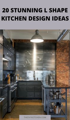 Modern industrial L-shaped kitchen with dark cabinets, stainless steel appliances, and exposed brick wall. Kitchen Designs Layout, Island Design, Cooking Area, Floor Plan Design