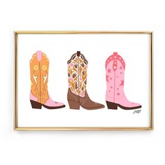 three pairs of cowboy boots in pink, orange and brown on a white background with gold frame