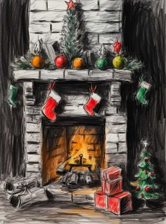 a drawing of a fireplace decorated for christmas