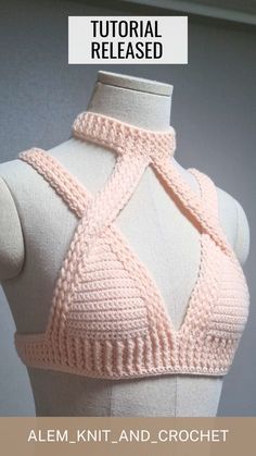 a knitted bralet on top of a mannequin with the words, crochet pattern below it