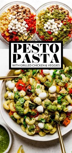 pesto pasta with grilled chicken and veggies in bowls on a table