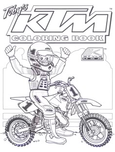 a coloring book with a cartoon character on a dirt bike