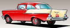 an old red and white car is shown in this cartoon style drawing, it appears to be from the 1950's or early 1940s's