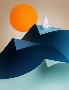 an abstract painting with a sailboat in the middle of waves and sun above it