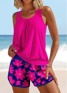 Color:Rose Red;Size:S;Size:M;Size:L;Size:XL;Size:XXL;Bra Style:Padded;Support:Wire Free;Pad Style:Removable;Strap Style:Unadjustable;Package Contents:1 X Top , 1 X Shorts;Occasion:Sport; Pink Tankini, Hot Pink Floral, Trendy Swimsuits, Printed Tankini, Plaid Outfits, Pink Floral Print, Black Swimwear, Tankini Set, Tankini Swimsuits