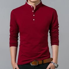 Color: Red, Size: XXL Collar T Shirt, Collar Tshirt, Style T Shirt, Mandarin Collar, Full Sleeve, Sleeve Cotton, Mens Outfits, Women Shoes, Collar