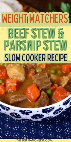 beef stew and parsnip stew in a bowl with the title overlay