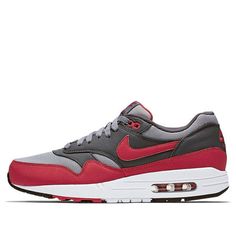 Nike Air Max 1 Essential 'Gym Red Grey' 537383-062 Functional Red Sneakers For Light Sports, Red Functional Sneakers For Light Sports, Dynamic University Red Sneakers For Sports, Red Athleisure Sneakers For Light Sports, Red Athleisure Sneakers With Air Cushioning, Red Athleisure Running Shoes With Cushioned Footbed, Red Cushioned Athleisure Running Shoes, Red Air Max Cushioned Sneakers, Red Running Shoes With Air Cushioning For Light Sports