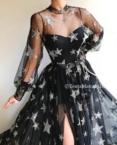 Starry Queen Gown | Teuta Matoshi Queen Gown, Detailed Black Dress, Hoco Dresses Long Sleeve, Shiny Dresses, Unique Prom Dresses, A Line Prom Dresses, Dress Shapes, Hoco Dresses, Tulle Dress