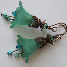 Host Pick Antiqued Brass Earwires And Bead Caps (Lead And Nickel Free) Austrian Crystals Large Aqua Lucite Flowers Handcrafted, Lightweight 2 1/4" Long Lucite Flower Earrings, Trumpet Flower, Blue Flower Painting, Color Turquesa, Bronze Earrings, Vintage Style Earrings, Painted Jewelry, Hand Painted Jewelry, Unique Gifts For Her