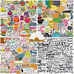 a collage of many different types of stickers on a white background with words