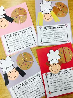 four cards with pictures of people in chef hats on them, and the words my cookie party