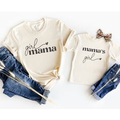 two t - shirts with the words mama and baby written on them next to denim shorts