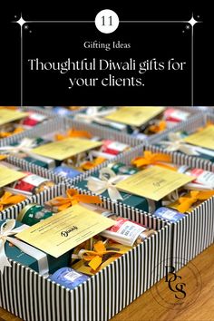 a box filled with lots of different types of gift tags on top of a wooden table