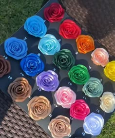 a bunch of different colored flowers sitting on top of a metal tray in the grass