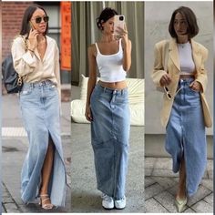 Skirt Outfits Aesthetic Summer, Long Jean Skirt Outfits Aesthetic, Jean Skirt Outfits Aesthetic, Long Denim Skirt Outfits, Skirt Outfits For Women, Long Jean Skirt Outfits, Skirt Outfit Fall, Fashion Dresses For Women