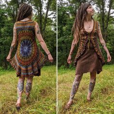 two pictures of a woman with tattoos walking in the grass