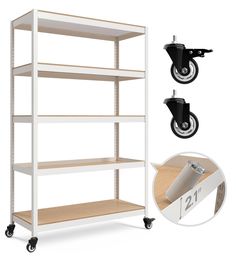 a white shelving unit with three shelves and wheels