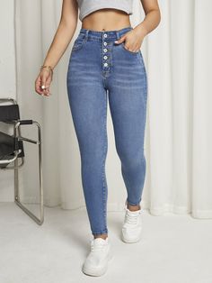 Medium Wash    Denim Plain Skinny Embellished High Stretch  Women Denim Button Up Jeans High Waisted, Denim Jeans Outfit, Jeans Outfit Winter, Jeans Outfit Fall, Chic Jeans, Jeans Outfit Summer, Jeans Outfit Casual, Fall Jeans, Stylish Jeans