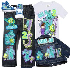 two children's clothing and shoes are shown in this image, including one with monsters on it