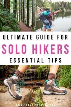 A trail in the woods, a female hiking solo and a close-up view of a women’s hiking boots while on a stone path. How To Gain Confidence