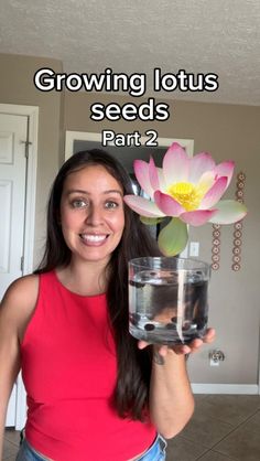 a woman holding up a flower in a vase with water inside it and text growing lotus seeds part 2