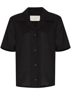 Black organic linen button-up shirt from ASCENO featuring notched collar, front button fastening, short sleeves and straight hem. Short Sleeve Linen Shirt, Black Button Up Shirt, 70s Shirts, Printed Silk Shirt, Short Sleeve Shirt Women, Organic Linens, Slim Fit Shirt, Notched Collar, Black Linen