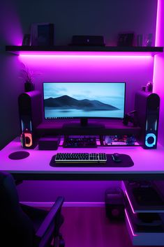 Desk setup with pink neon light Gaming Setup Color Schemes, Neon Pc Setup, Desk Rgb Lighting, Neon Desk Setup, Desk Setup Clean, Neon Light Bedroom Aesthetic, Neon Gaming Setup, Neon Lights Office, Rgb Desk Setup