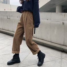 Corduroy Pants Women, Cords Pants, Korean Casual, Pleated Trousers, Brown Pants, Straight Trousers, Fleece Pants, Women Pants Casual