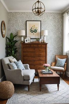 a living room with two chairs and a coffee table