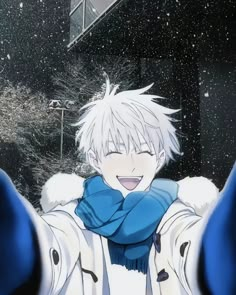 an anime character with white hair and blue eyes is smiling while holding his hands up in the air