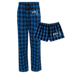 Our Mr. & Mrs. Flannel Pajama Set will have you cozied up and feeling fantastic! This set of 2 pajama bottoms comes in vibrant buffalo plaids with white embroidery on the hip. Perfect for Anniversary, Christmas, Engagement or Couples Gifts or any other cool weather day. The set comes with flannel pants for him and flannel boxers for her. GIRLY BOXERS Junior Fit XS - XL Ruffled Hem Satin waistband and tie ribbon 100% cotton Roomy, and super soft feel Features a 1" inseam, false fly with butto Plad Pajamas, Cozy Plaid Cotton Sleepwear, Comfortable Plaid Cotton Sleepwear, Plaid Cotton Sleepwear For Lounging, Cotton Plaid Sleepwear For Lounging, Fall Cotton Sleep Bottoms, Matching Couples Pjs, Matching Clothes Couple, Matching Christmas Pajamas Couples