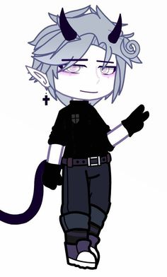 an anime character with horns on his head and black pants, holding a cat tail